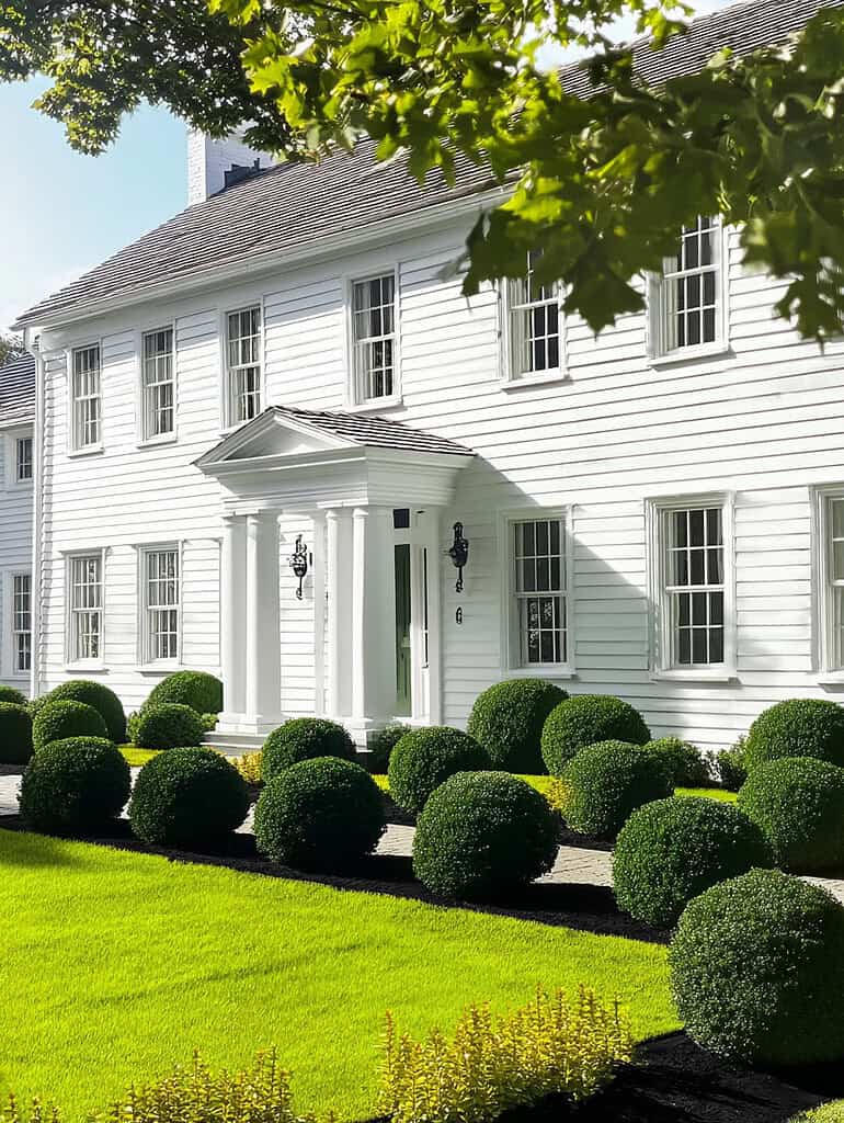 a classic American colonial-style white house with perfectly manicured landscaping