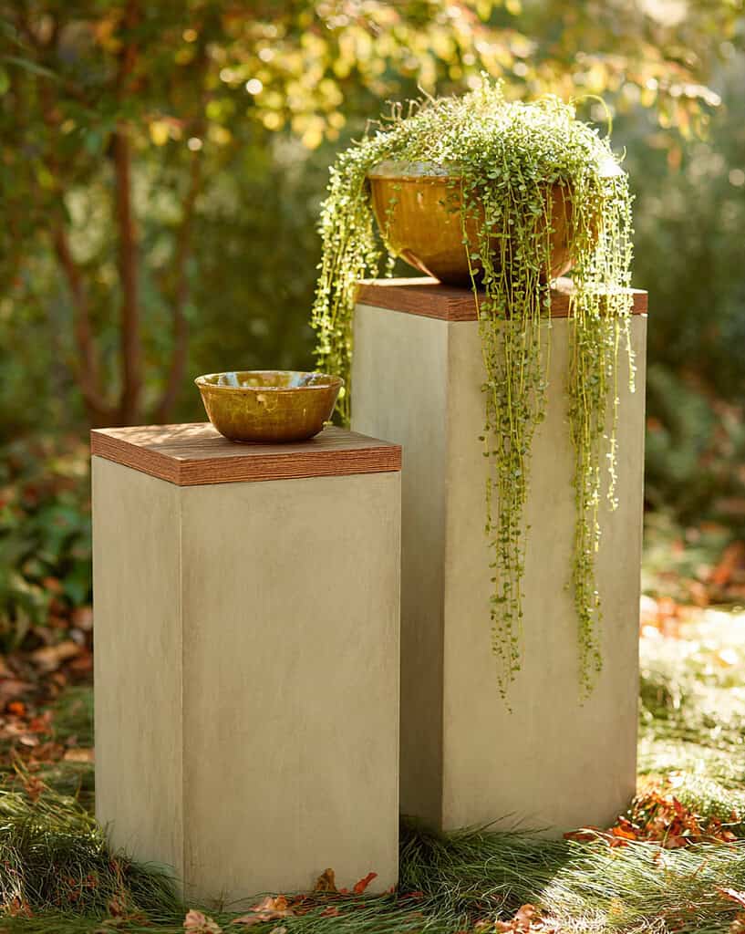 two minimalist pedestal plant stands made of smooth, concrete-textured surfaces with wooden tops. 