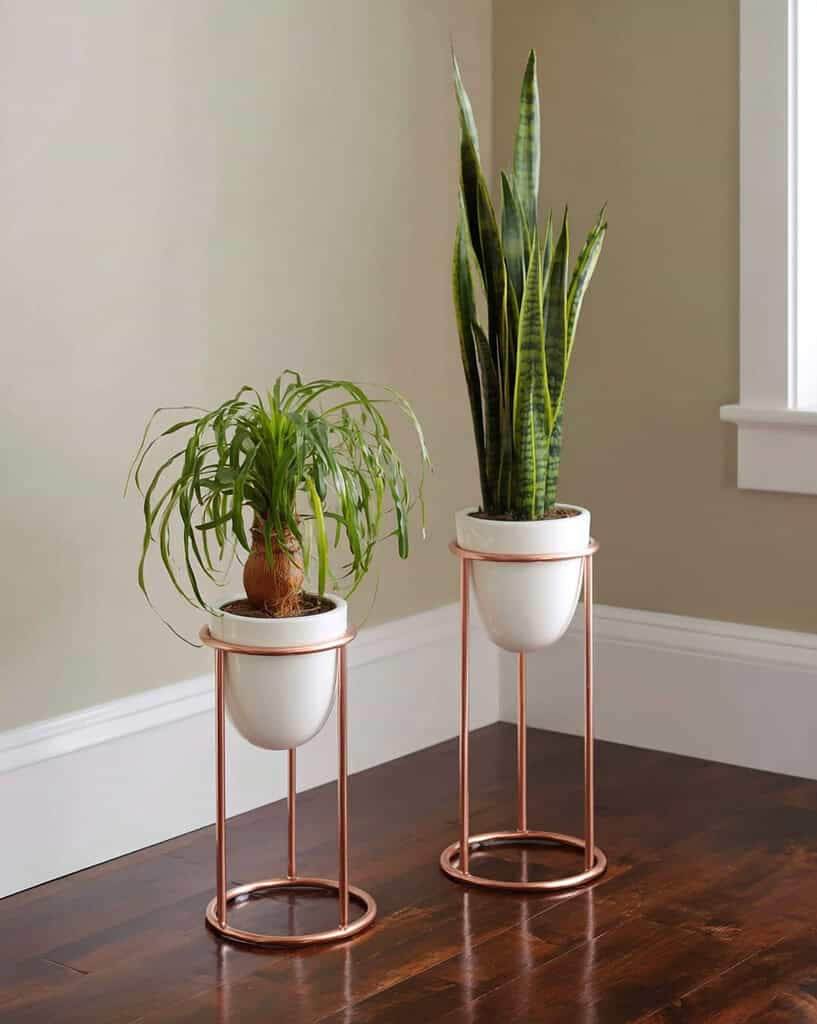 two minimalist plant stands with copper metal frames and circular bases. 