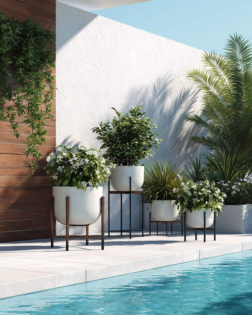 a beautifully designed poolside scene in bright natural sunlight, showcasing a stylish arrangement of elevated planters on stands.