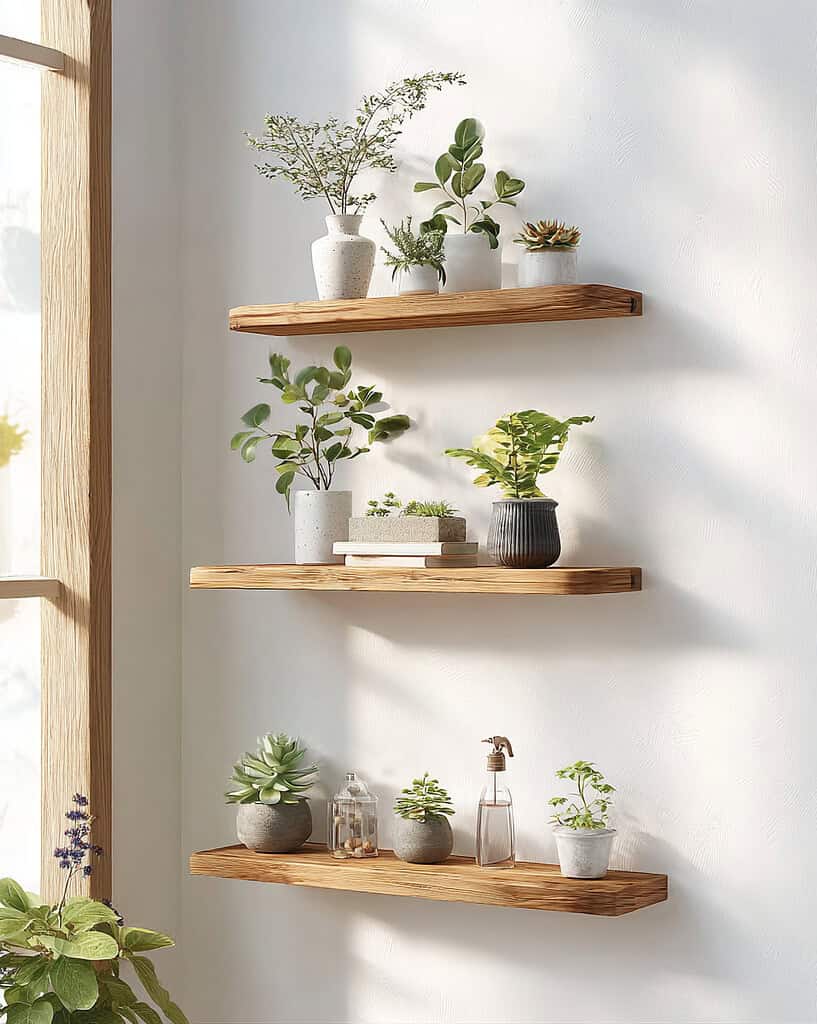 three minimalist floating corner shelves mounted on a clean white wall