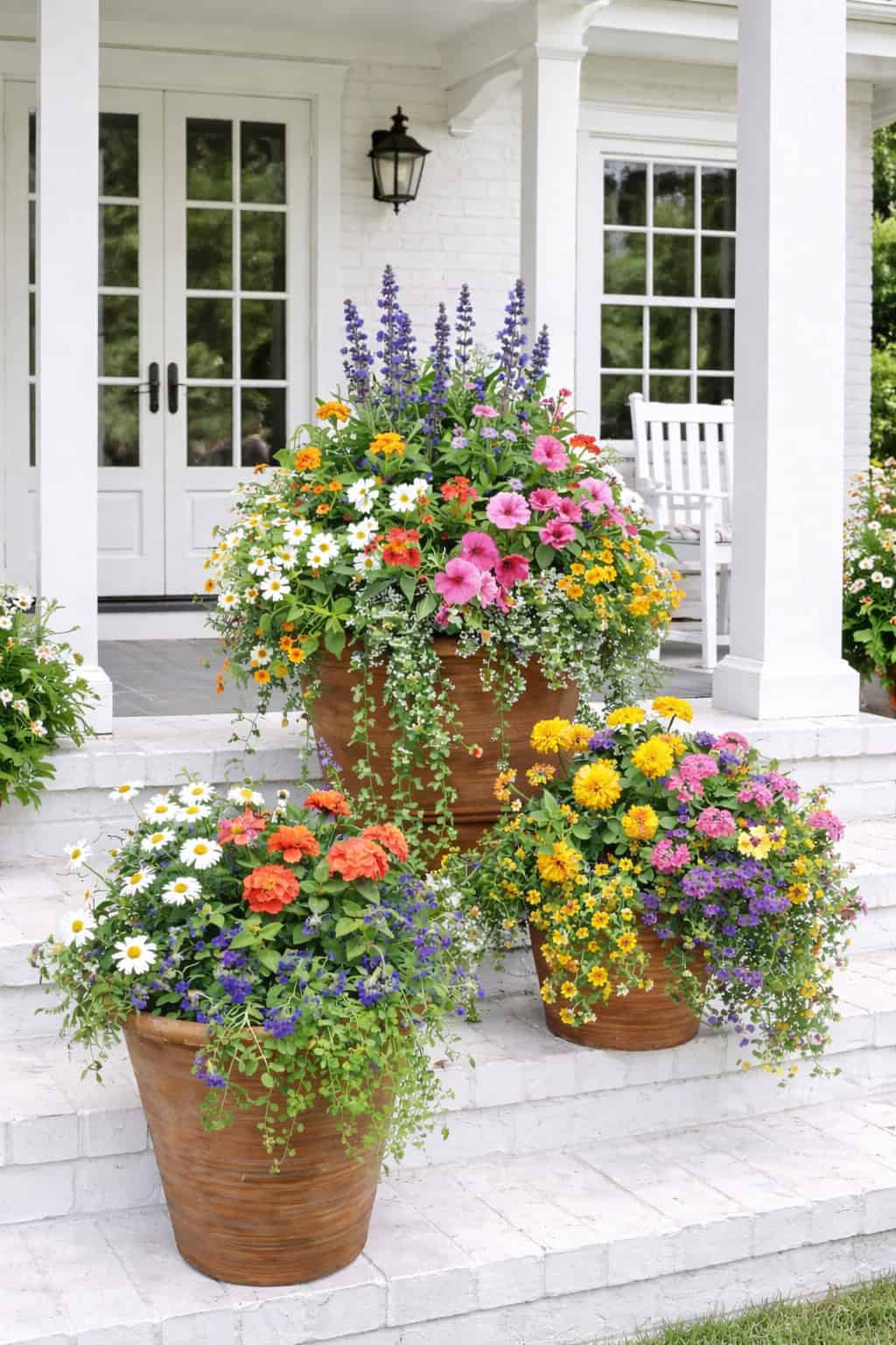 a charming front porch adorned with vibrant container flower arrangements
