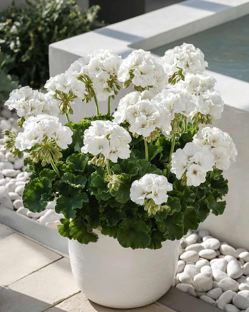 a dense cluster of blooming white geraniums (Pelargoniums) in a modern white ceramic planter
