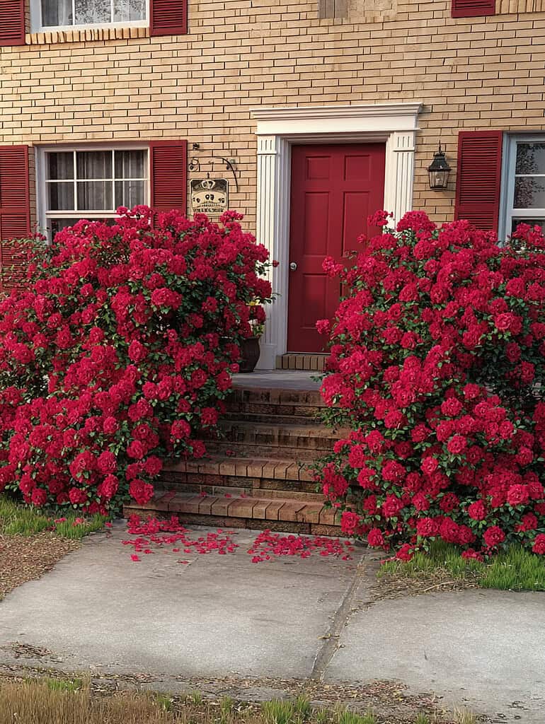 a charming suburban brick home entrance flanked by two large, vibrant Knock Out® rose bushes in peak bloom