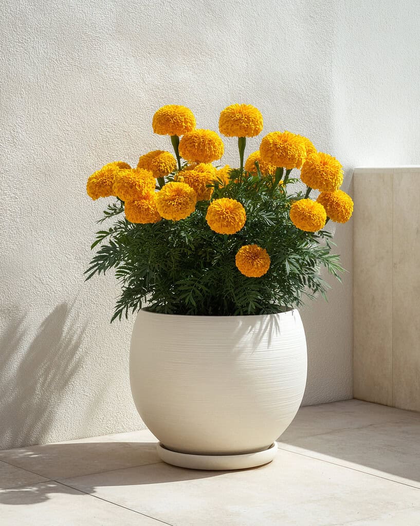 a vibrant potted marigold plant with full, golden-yellow blooms arranged in a clean, smooth white ceramic planter. 