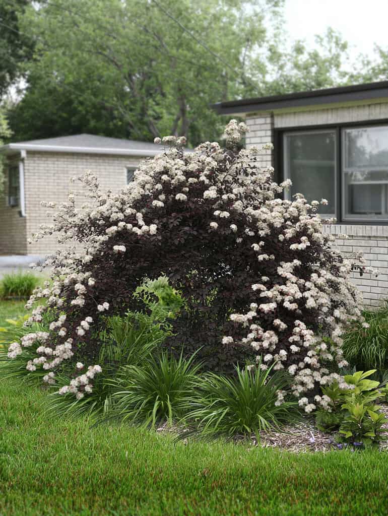 a mature residential landscape showcasing a large, arching Ninebark shrub (Physocarpus opulifolius) in full bloom.