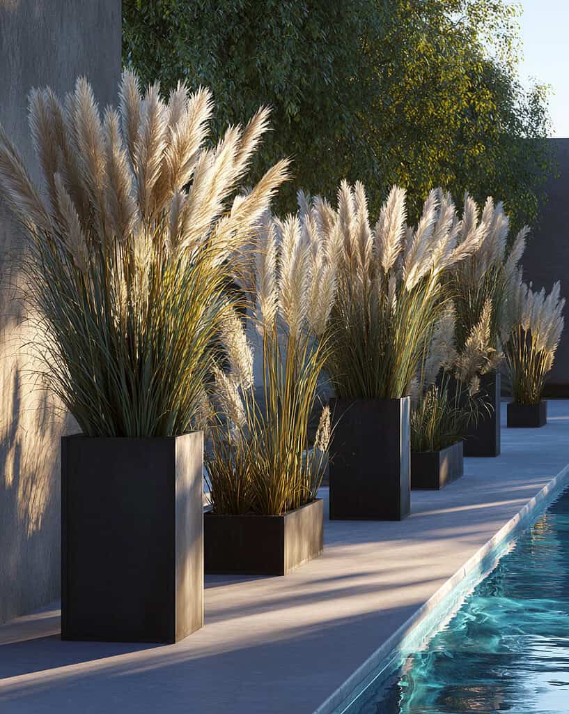 a luxurious backyard poolside scene featuring tall ornamental grasses planted in sleek, modern planters.