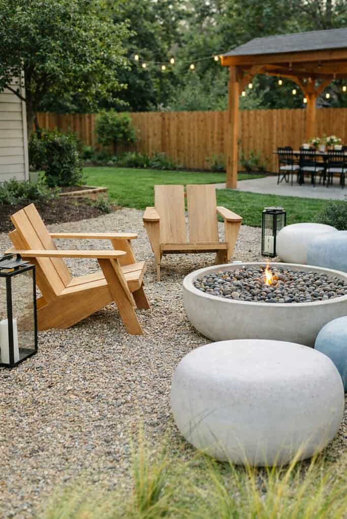modern rustic outdoor seating area in a natural woodland setting.