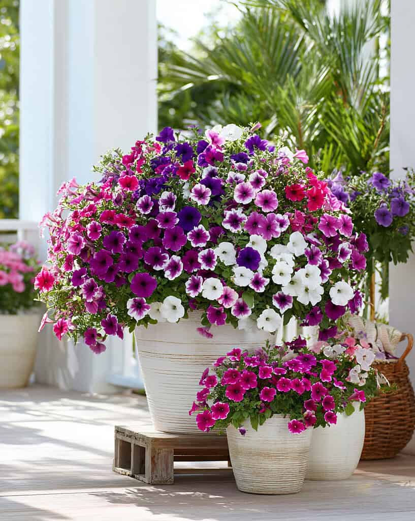 blooming petunias in pristine white containers, arranged in a lush and colorful container garden.