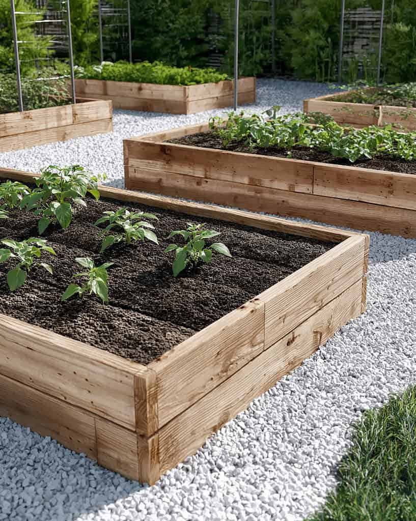 freshly constructed, large rectangular raised beds made from clean, light-toned natural wood planks