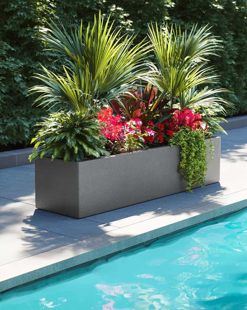 a sleek, sunlit poolside scene featuring a large rectangular self-watering planter filled with lush, tropical foliage and vibrant flowering plants.