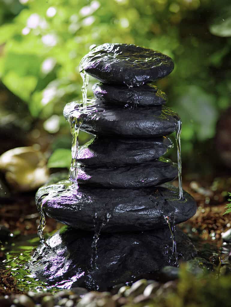 a serene stacked stone water fountain in a lush garden setting.