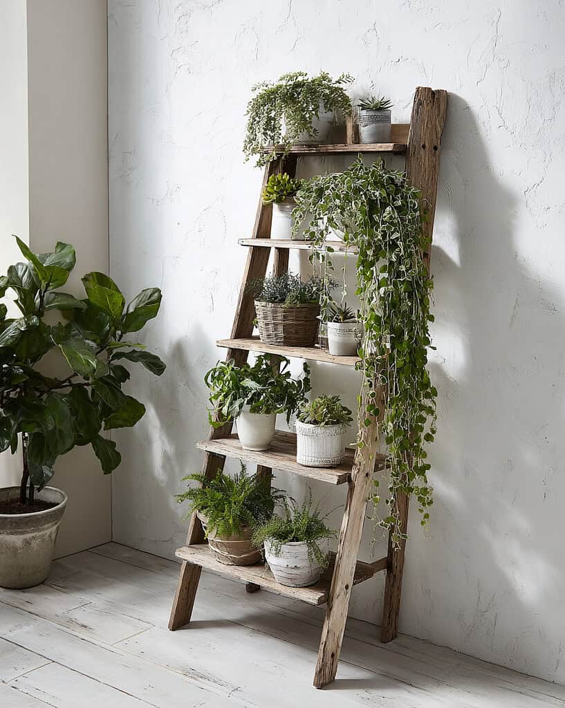 a tiered ladder-style plant stand. 