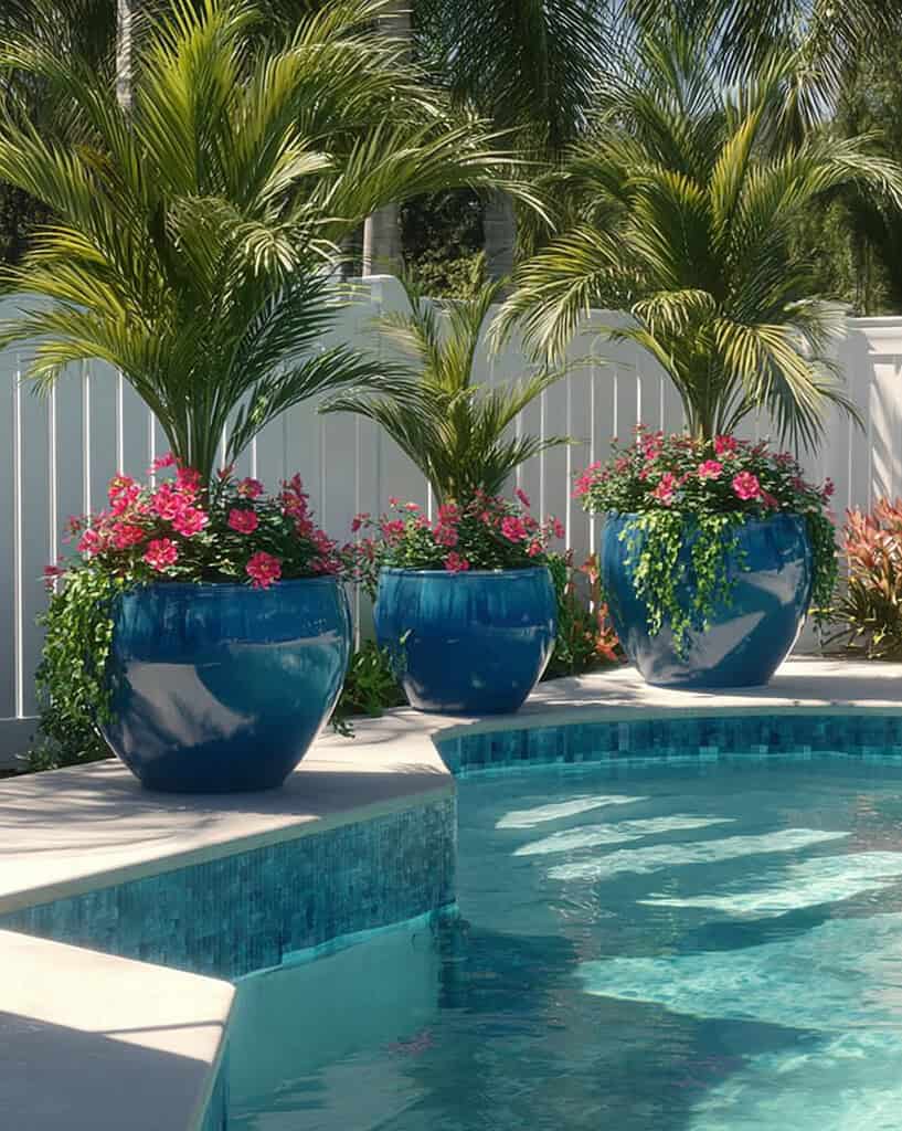 a stylish backyard pool scene featuring vibrant tropical planters around a raised spa area