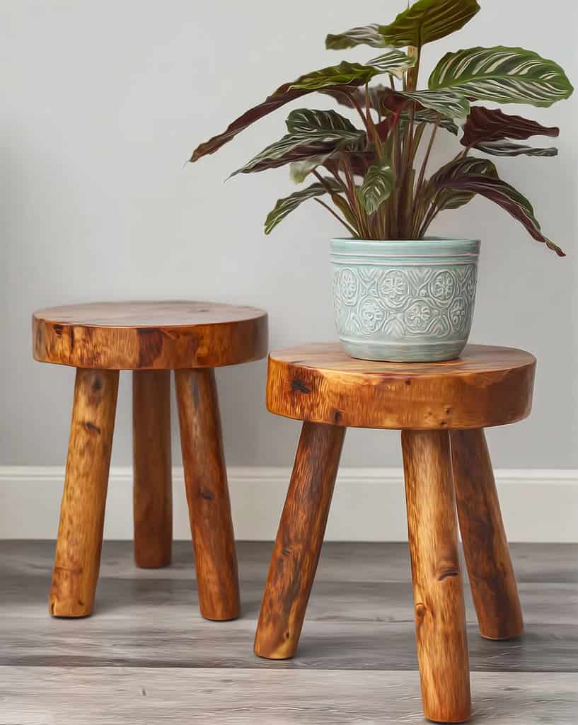 two rustic wooden plant stools with rich, polished surfaces and visible natural wood grain. 