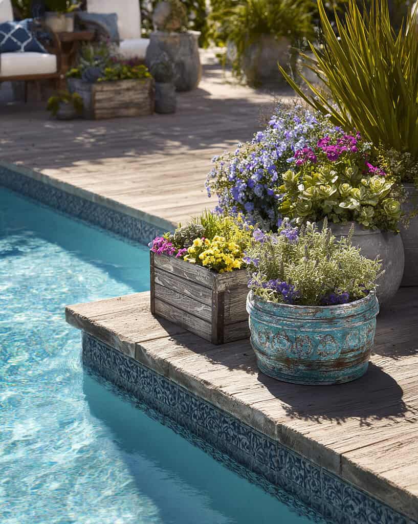 a vibrant backyard poolside setting showcasing a collection of creative DIY and upcycled planters.