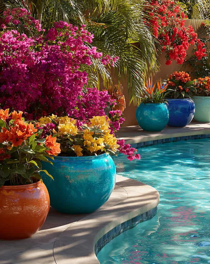 a lively, tropical-inspired backyard poolside scene featuring vibrant flowering tropical plants in colorful ceramic planters.