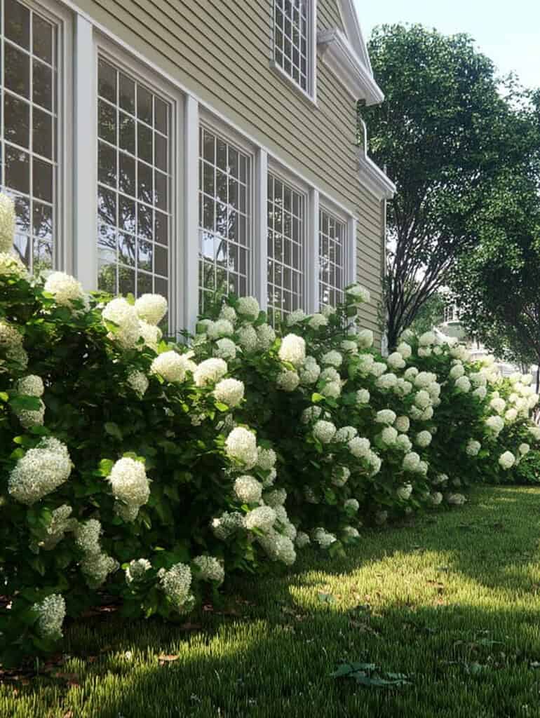 a classic, peaceful suburban home with a long, flourishing hedge of snowball viburnum in full spring bloom lining the side of the house.