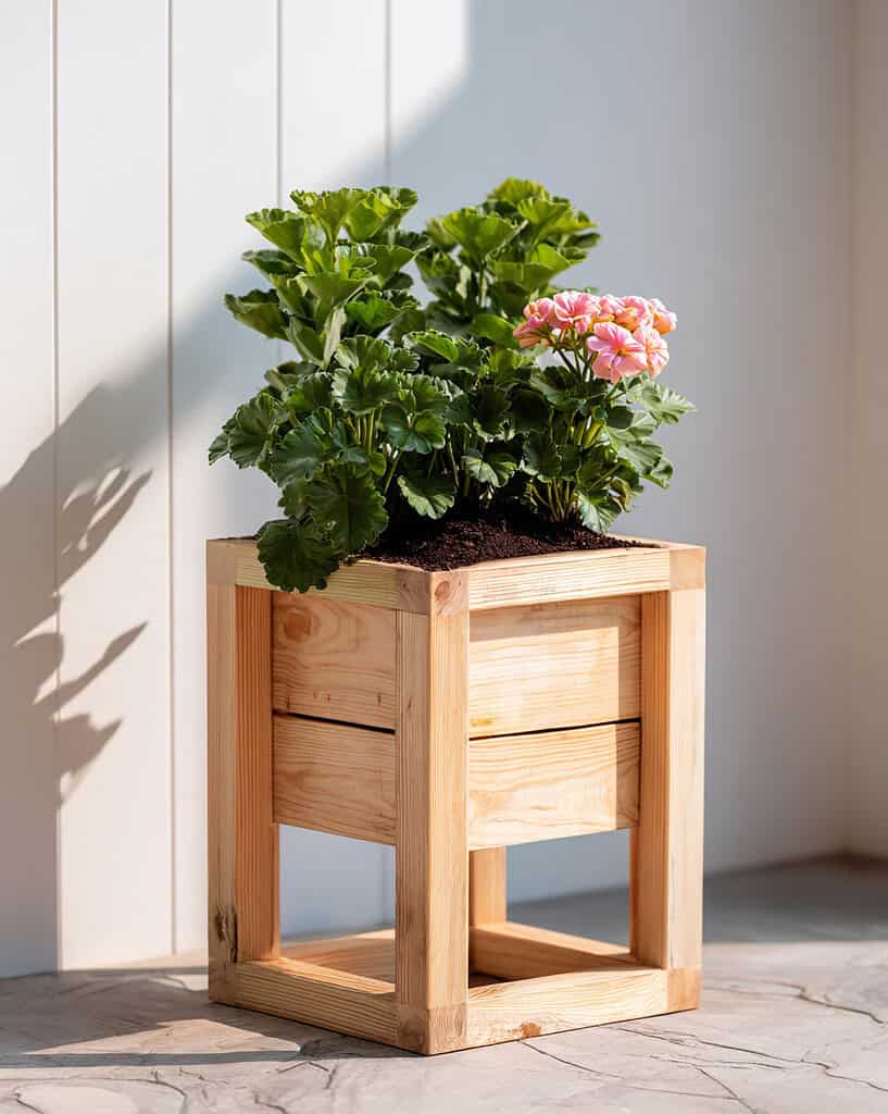 a minimalist wooden box plant stand. 