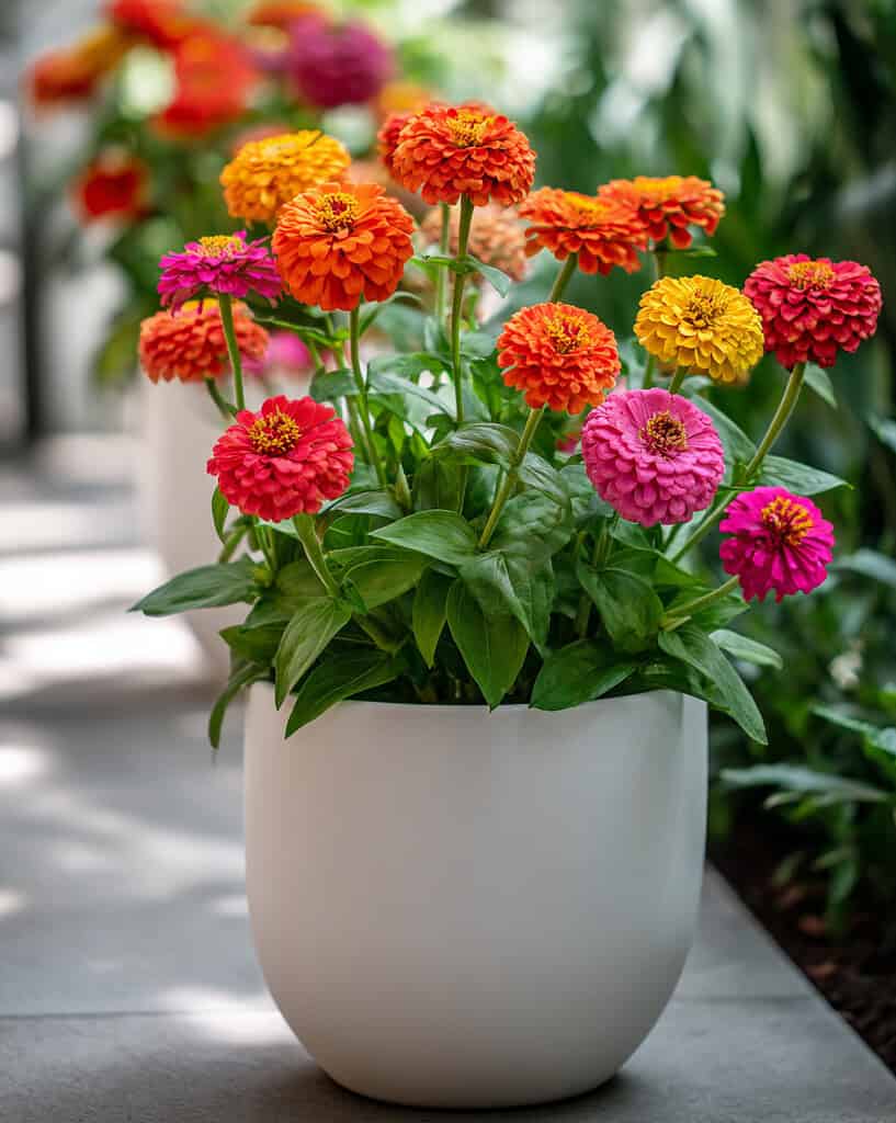 colorful zinnias blooming vibrantly in elegant white ceramic or clay containers placed throughout a lush garden