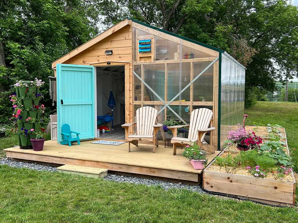 a charming backyard greenhouse shed with a natural wood frame and translucent polycarbonate side panels.
