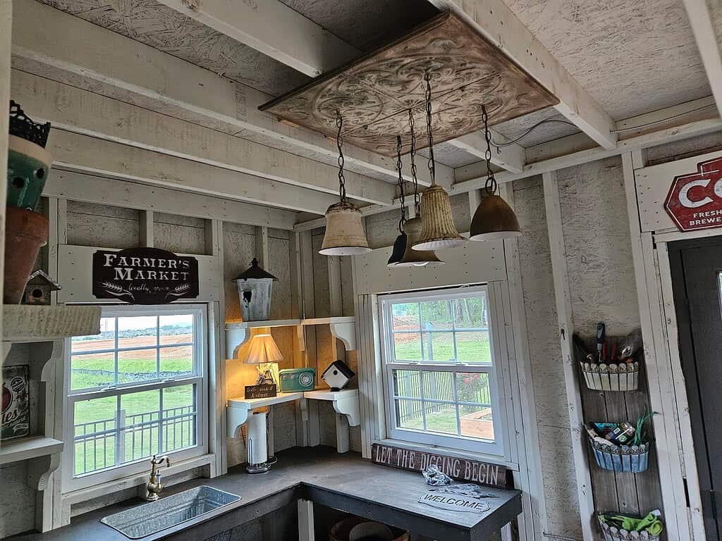 a rustic farmhouse-style potting shed workspace.