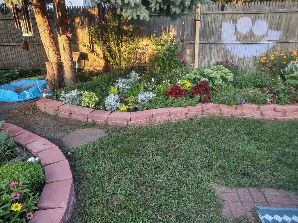 Curved backyard rock garden bed with pink stone block edging, layered greenery and colorful low-maintenance plants, set along a wooden fence with lawn in the foreground — an easy rock garden landscaping idea for small yards.