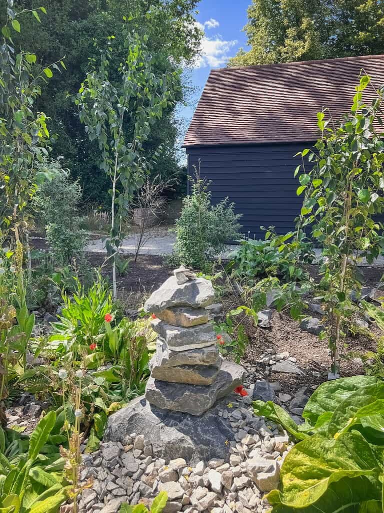 a garden with rock landscaping