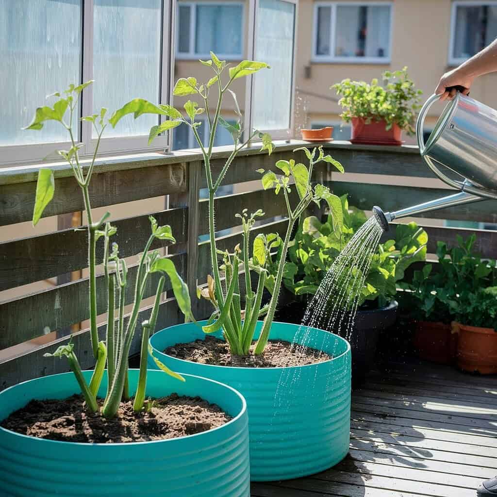 a person watering potted plants on a modern apartment balcony garden.