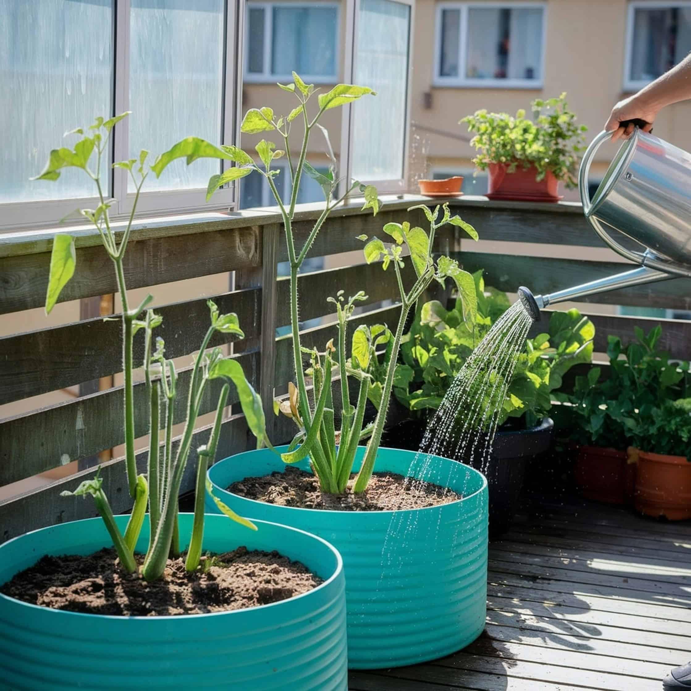 a person watering potted plants on a modern apartment balcony garden.
