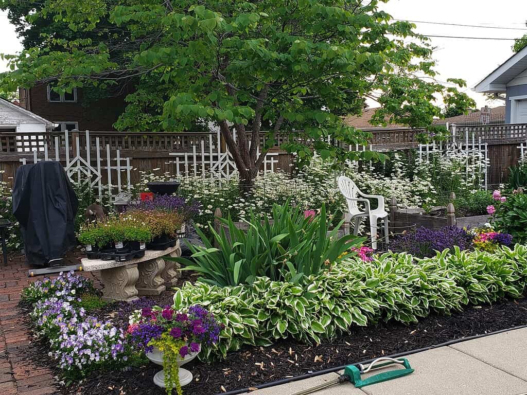 A layered shade garden border with hostas, mixed flowers, and a cozy seating area under a tree