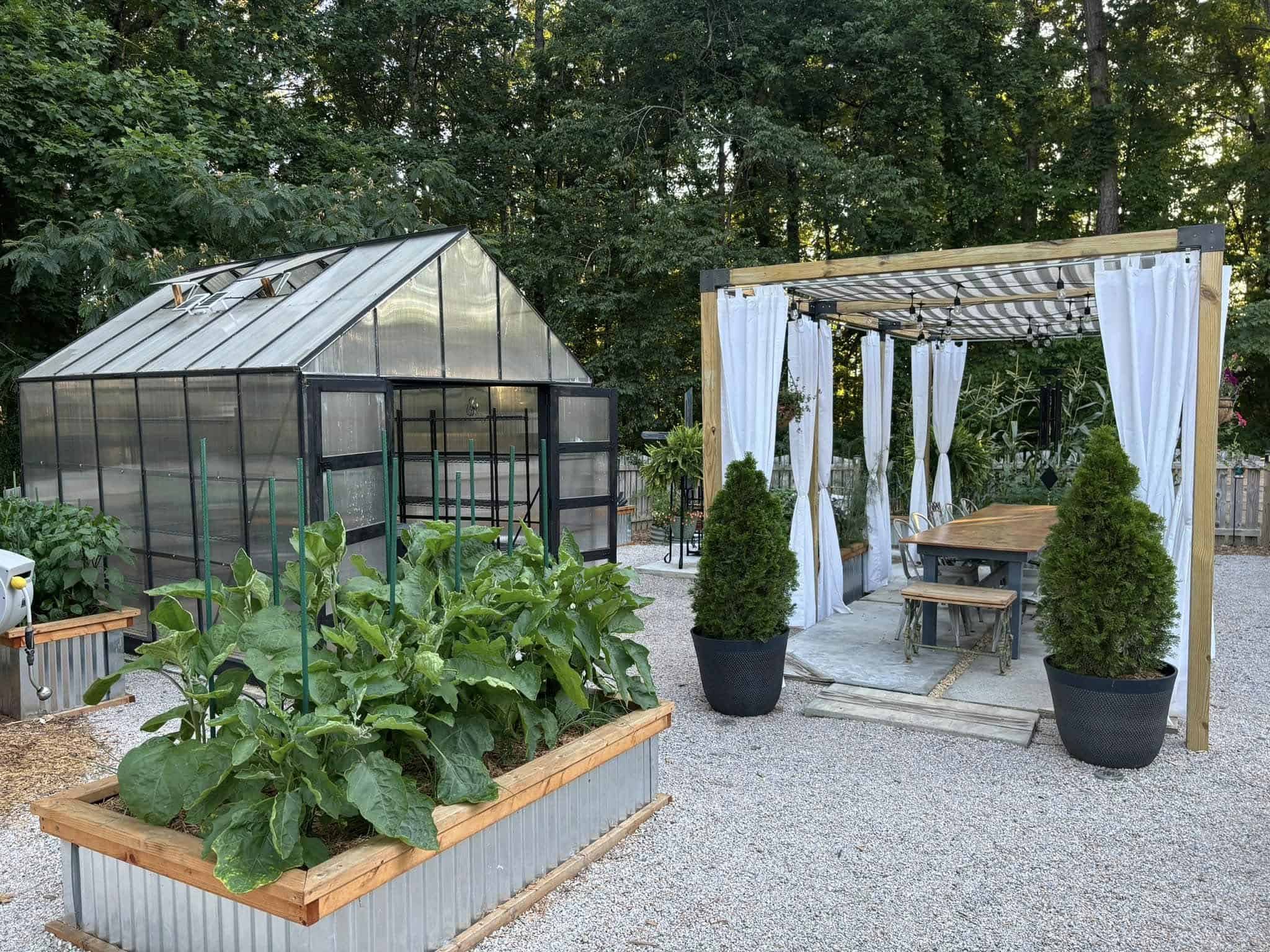 Backyard oasis with greenhouse, raised garden beds, and pergola dining area surrounded by greenery