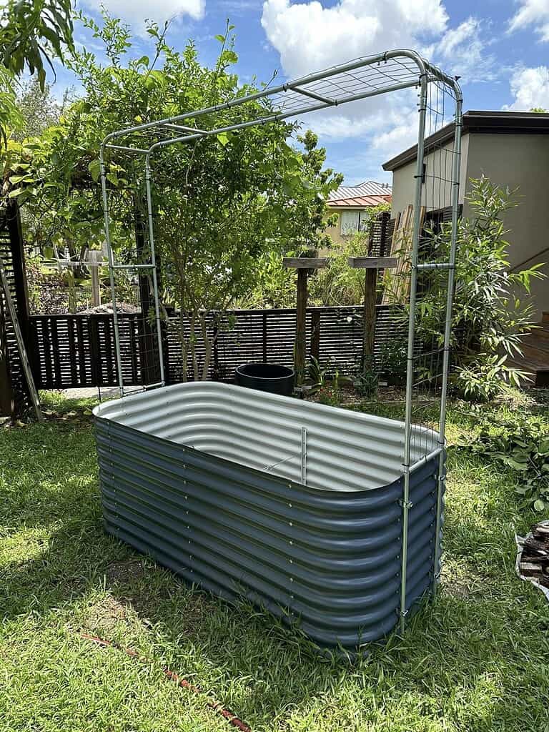 metal raised garden bed with trellis frame in backyard garden