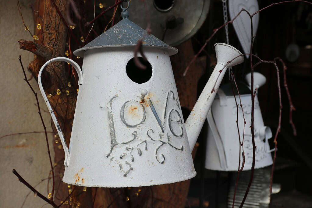 Upcycled watering can birdhouse DIY with rustic metal garden decor