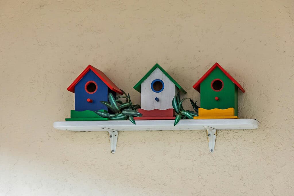 Colorful decorative birdhouses on wall shelf with bright painted designs