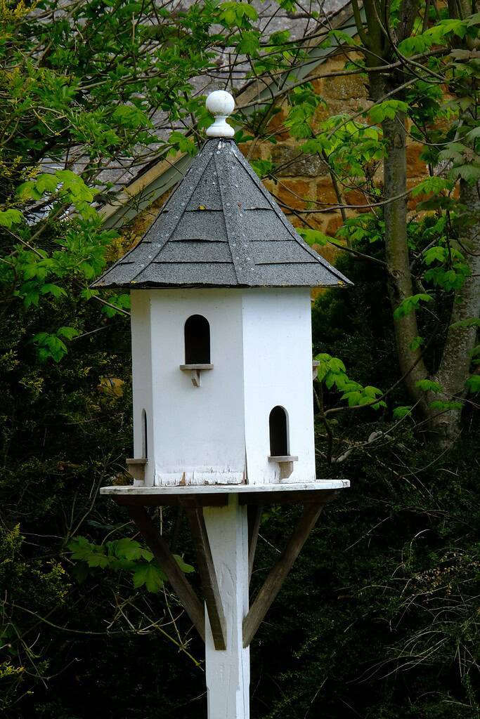 Decorative wooden birdhouse on post in garden with cottage style design