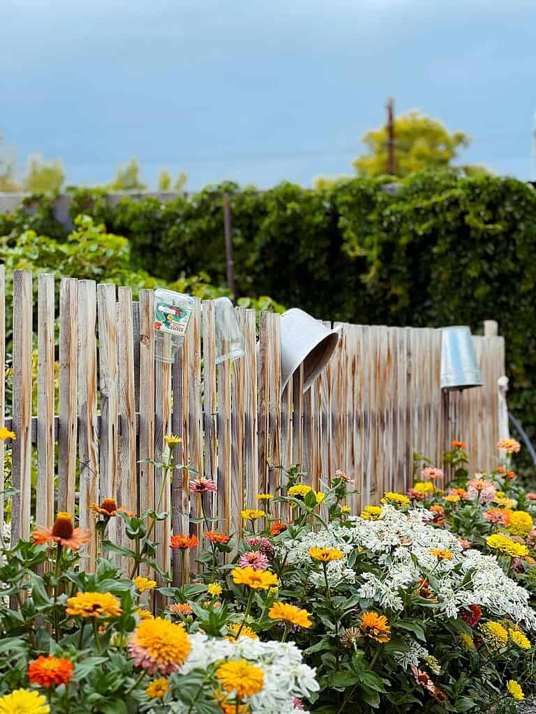 A charming flower garden filled with colorful blooms planted along a rustic wooden fence