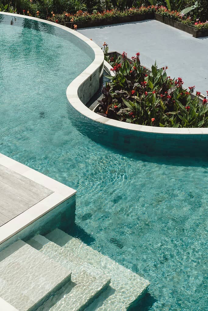 Above ground pool with landscaped surroundings, curved design, and tropical plants