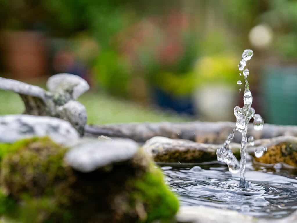 A small garden water feature with splashing water surrounded by stones