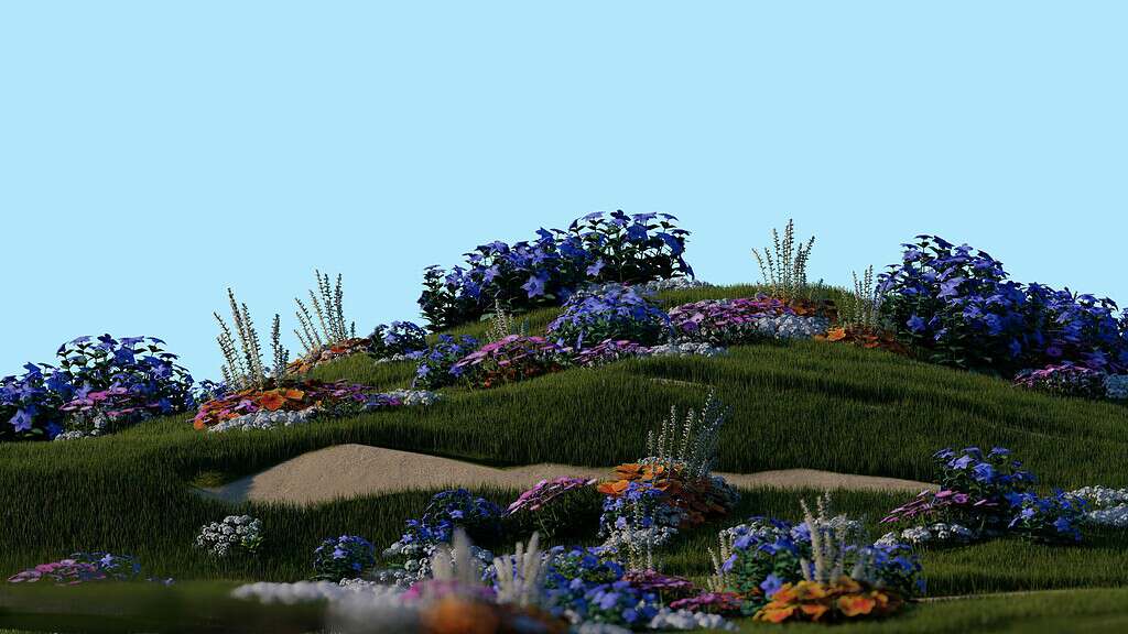 Cottage garden landscape with colorful flower beds across rolling grassy hills.
