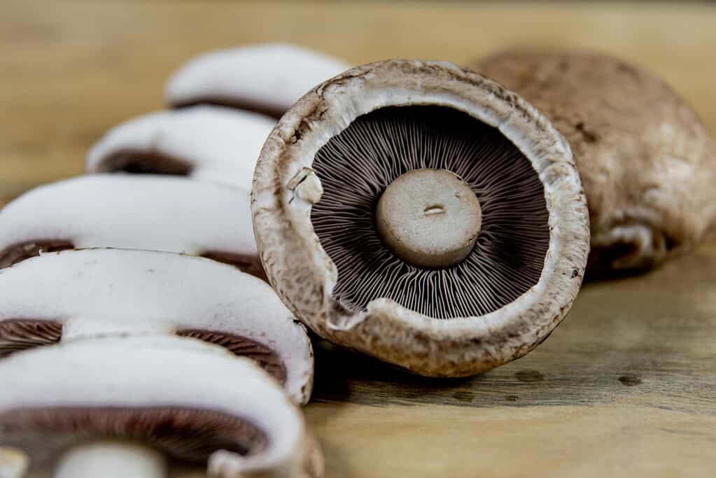 Sliced cremini mushrooms showing dark gills on a wooden surface.
