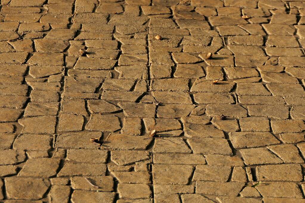 Stamped concrete surface designed to mimic small rectangular pavers, with cracks and weathered texture.
