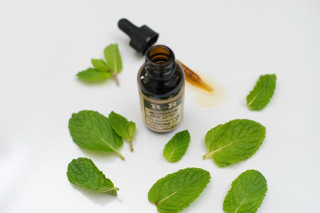 Small dropper bottle with liquid extract surrounded by fresh green mint leaves on a white surface.

