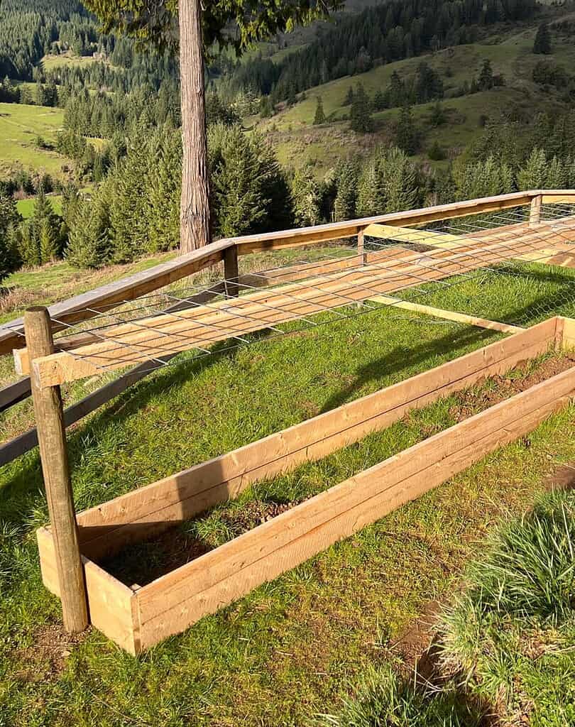 Wood-framed raised garden beds with wire trellises overlooking a scenic forested mountain landscape.
