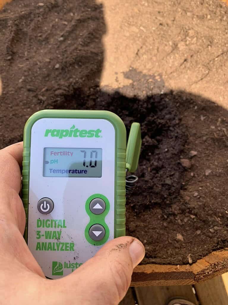 Hand holding a digital soil analyzer showing pH 7.0 above a raised garden bed.